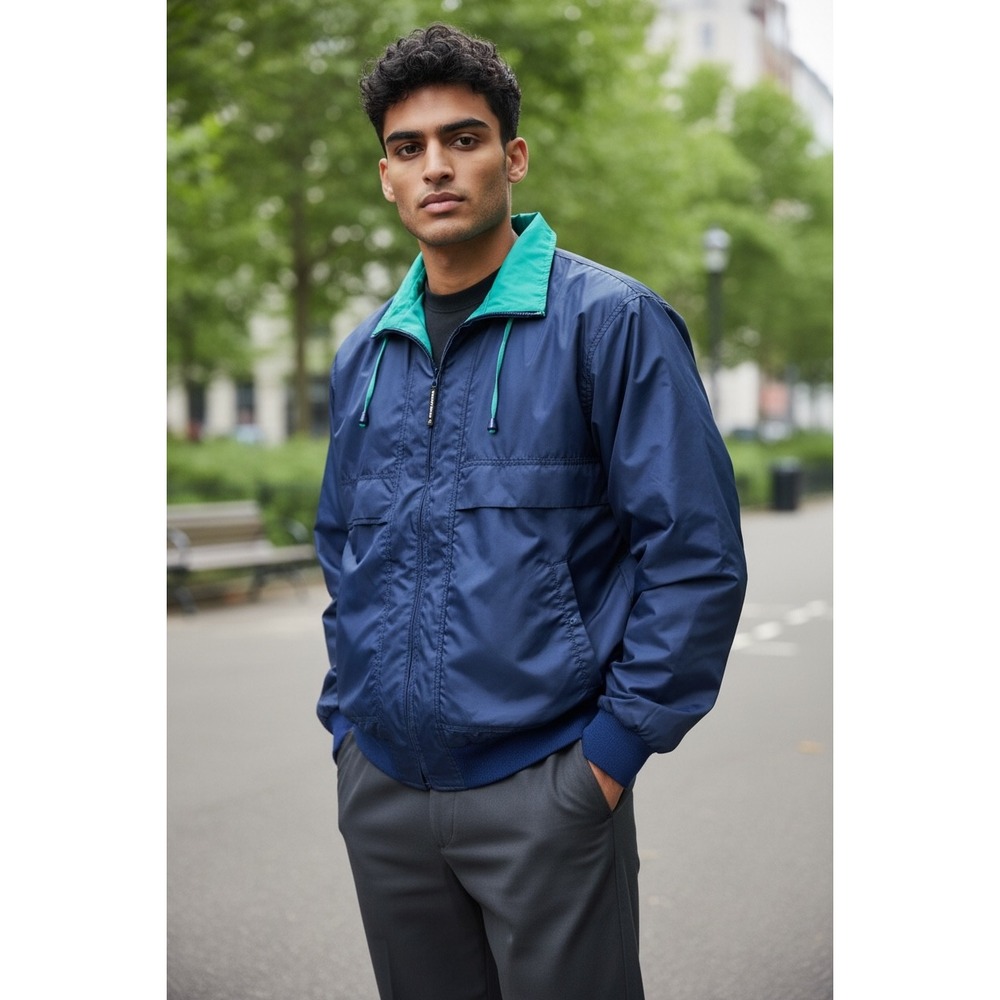 Yukon Trail Mens Navy Blue Teal Green Windbreaker Jacket Hooded Bomber Unisex